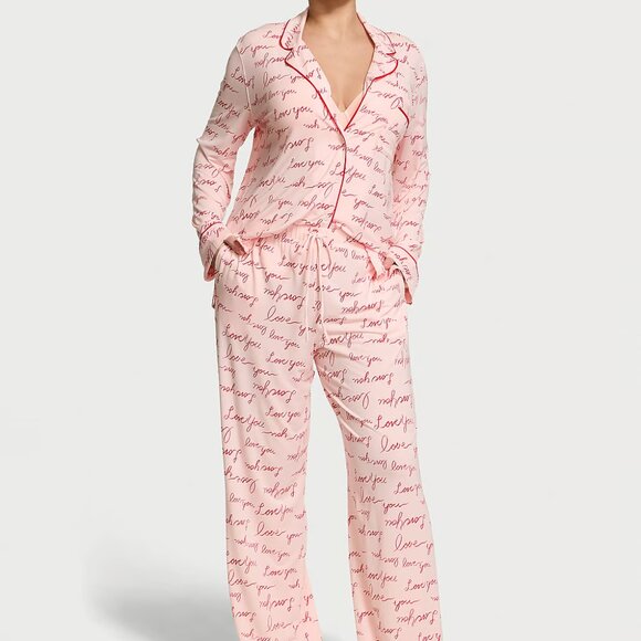 Victoria's Secret Modal Long Pajama Set in Purest Pink Script NWT Lg (short)